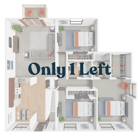 Floor plan for 3 beds, 2 baths, 1082 sqft